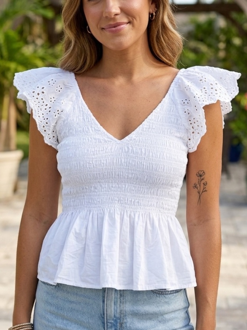 GAP White Eyelet Flutter Sleeve Smocked Peplum Top